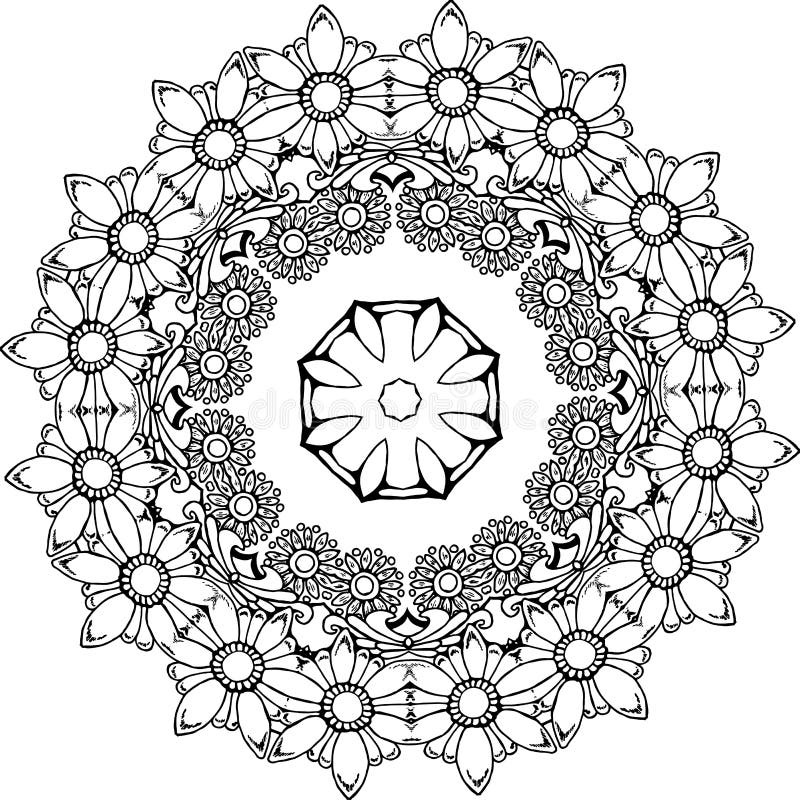 Illustrazione in bianco e nero di una mandala - un fiore di vita Spazio cosmico royalty illustrazione gratis Illustrazione in bianco e nero di una mandala - un fiore di vita Spazio cosmico royalty illustrazione gratis