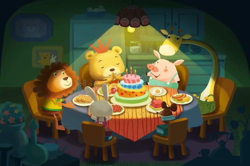 Illustrazione: Buon compleanno! È il compleanno del piccolo orso, tutti gli suoi piccoli amici degli animali vengono augurargli u