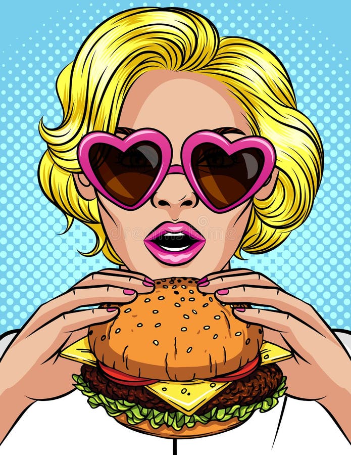 Vector color pop art comic style illustration of a girl eating a cheeseburger. Beautiful business woman holding a big hamburger. Successful young lady with open mouth bites a huge burger. Vector color pop art comic style illustration of a girl eating a cheeseburger. Beautiful business woman holding a big hamburger. Successful young lady with open mouth bites a huge burger