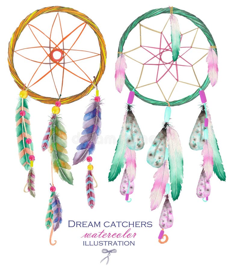 Illustrazione con i dreamcatchers, disegnati a mano in acquerello su un fondo bianco illustrazione vettoriale Illustrazione con i dreamcatchers, disegnati a mano in acquerello su un fondo bianco illustrazione vettoriale
