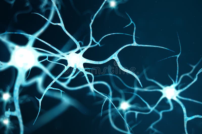 Illustrazione concettuale delle cellule del neurone con i nodi d'ardore di collegamento Neuroni in cervello sopra con effetto di royalty illustrazione gratis