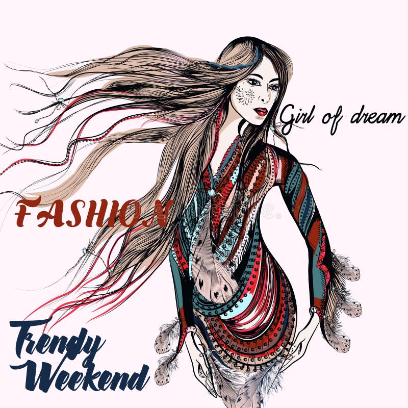 Illustrazione d'avanguardia di modo con la bella ragazza di boho royalty illustrazione gratis Illustrazione d'avanguardia di modo con la bella ragazza di boho royalty illustrazione gratis