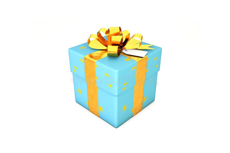 illustrazione 3d: Contenitore di regalo blu-chiaro con la stella gialla, il nastro dorato del metallo/arco e l'etichetta su un fo illustrazione di stock illustrazione 3d: Contenitore di regalo blu-chiaro con la stella gialla, il nastro dorato del metallo/arco e l'etichetta su un fo illustrazione di stock