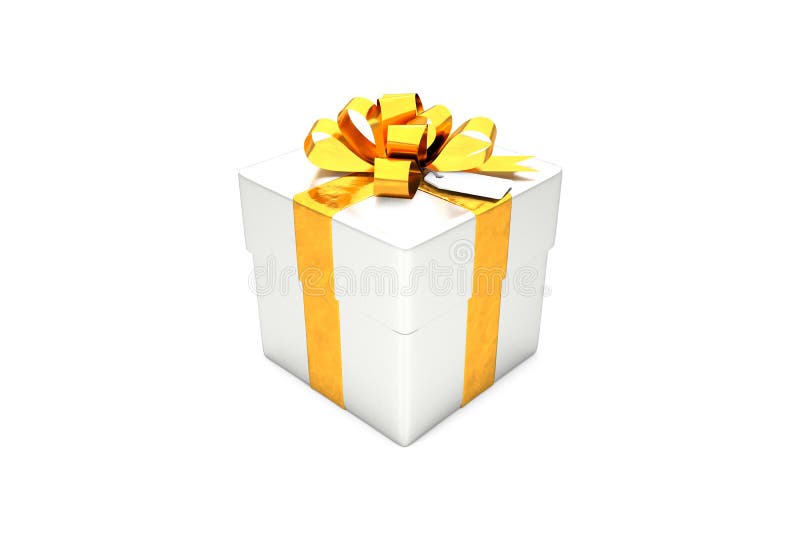 illustrazione 3d: Contenitore di regalo d'argento del metallo con il nastro/arco e l'etichetta dorati del metallo su un fondo bia illustrazione vettoriale illustrazione 3d: Contenitore di regalo d'argento del metallo con il nastro/arco e l'etichetta dorati del metallo su un fondo bia illustrazione vettoriale