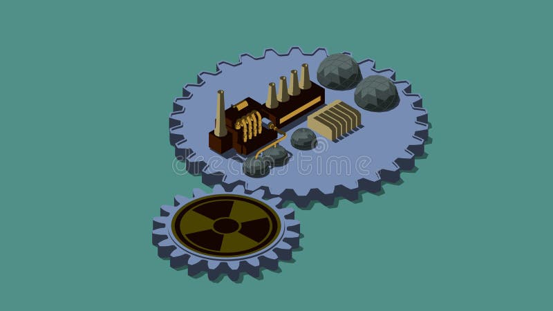 illustrazione 3D dei denti, dell'ingranaggio con il segno di radiazione e della pianta L'idea dello sviluppo di energia nucleare illustrazione vettoriale illustrazione 3D dei denti, dell'ingranaggio con il segno di radiazione e della pianta L'idea dello sviluppo di energia nucleare illustrazione vettoriale