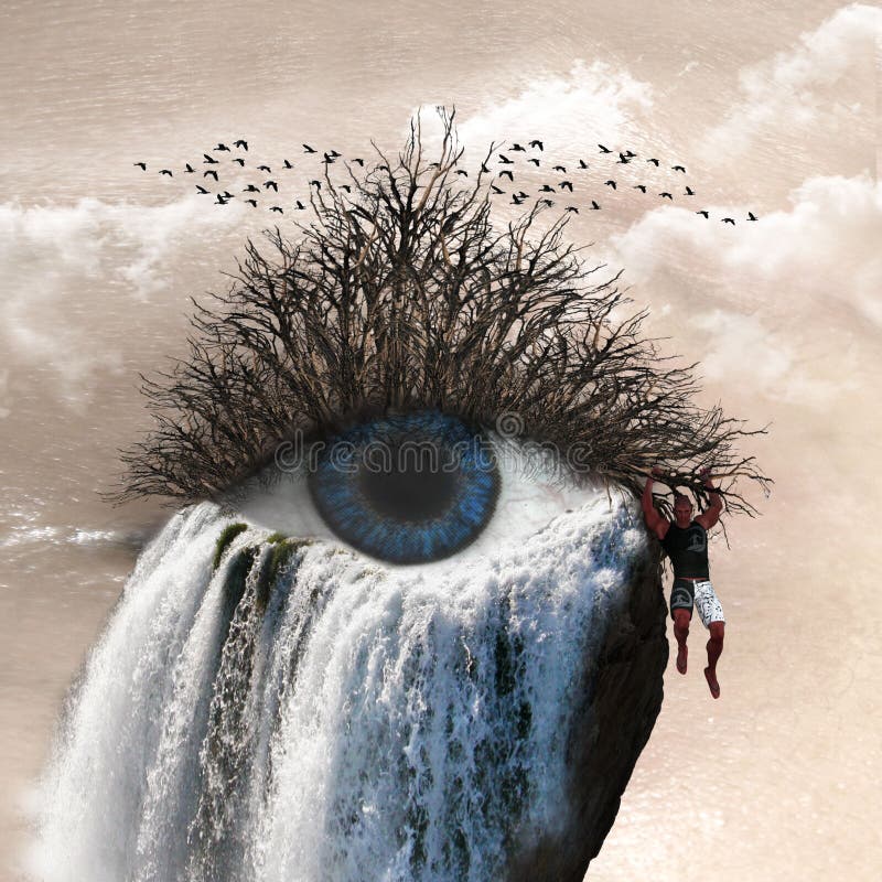Illustrazione in 3D del surrealismo che mostra un uomo che tiene in braccio un ramo attaccato a un occhio