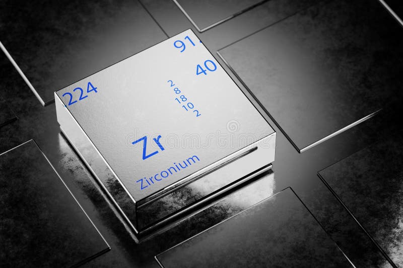 Illustrazione 3d dello zirconio come elemento della tabella periodica. elemento zirconio a fondo metallico. zirconio chimico illustrazione di stock