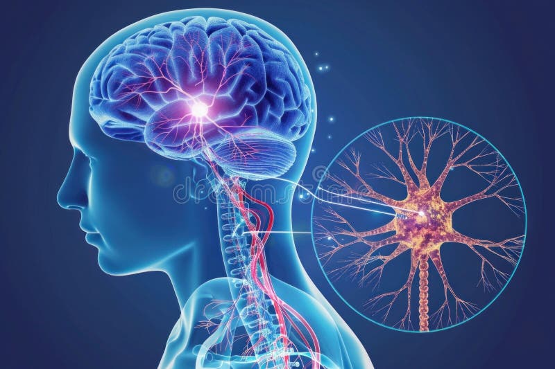 Illustrazione 3d di un neurone e di una testa umana in profilo con un cervello brillante. Il neurone è una cellula che trasmette impulsi elettrici attraverso il sistema nervoso. il cervello controlla le funzioni del corpo. prodotto a base di