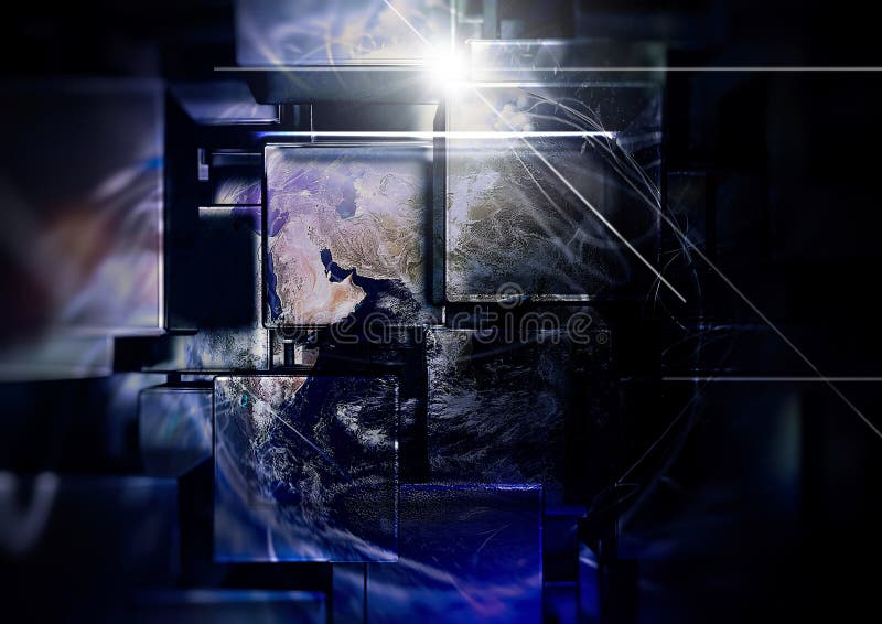 Illustrazione 3d effetti luce di composizione su una terra geometrica collegata da linee royalty illustrazione gratis