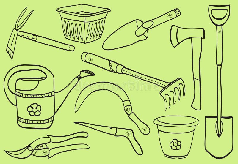 Illustrazione degli strumenti di giardinaggio - stile di doodle