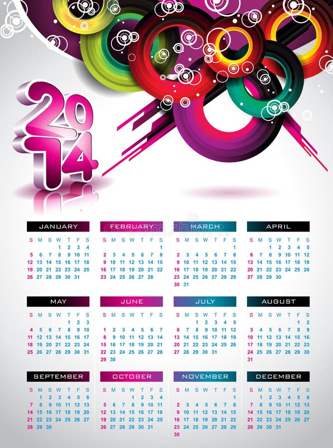 Illustrazione 2014 del calendario di vettore. illustrazione di stock