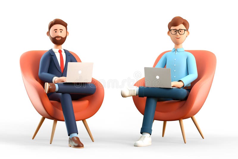 3D illustration of startup concept and business teamwork. Two happy men with laptops sitting in armchairs. Cartoon businessmen working in office and using social networks. 3D illustration of startup concept and business teamwork. Two happy men with laptops sitting in armchairs. Cartoon businessmen working in office and using social networks