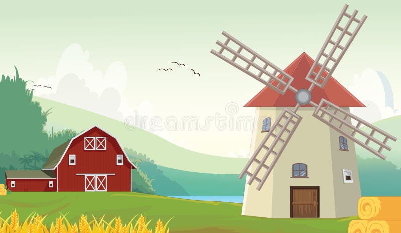 Vector illustration of Mountain countryside farm barn with windmill. Vector illustration of Mountain countryside farm barn with windmill