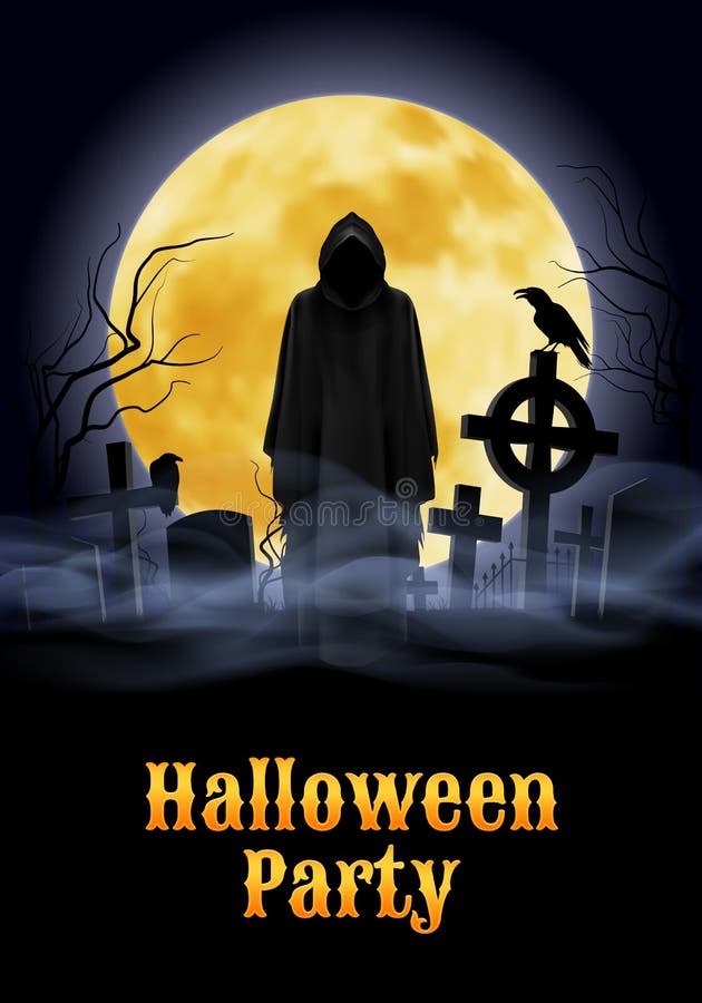 Halloween party illustration- silhouette of black scary scytheman standing on ancient necropolis with crosses over night sky and yellow moon. Halloween party illustration- silhouette of black scary scytheman standing on ancient necropolis with crosses over night sky and yellow moon