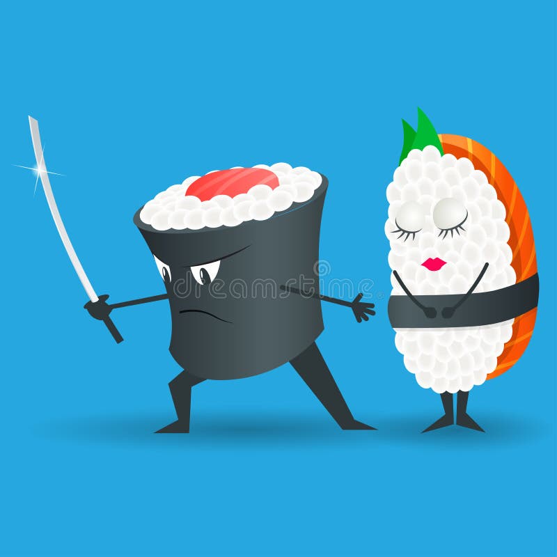 Illustrazione del personaggio dei cartoni animati dei sushi di vettore del samurai Alimento giapponese Insieme dei sushi Sushi di illustrazione vettoriale