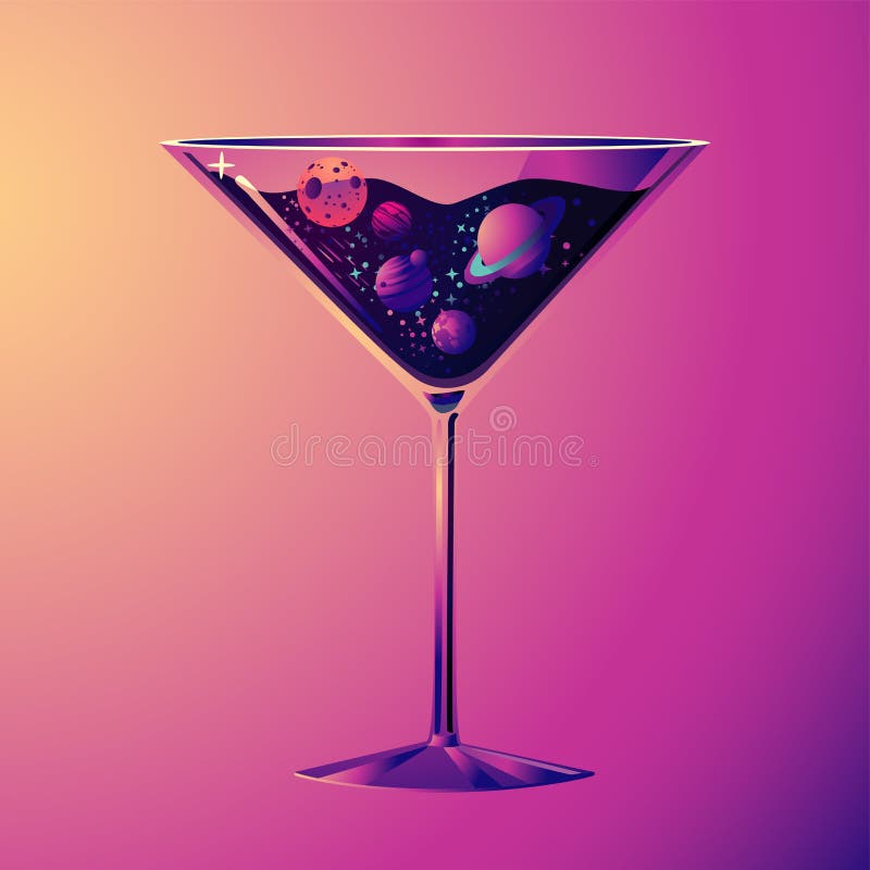 Illustrazione del ricevimento pomeridiano Con il vetro ed il cielo notturno della bevanda Stile al neon futuristico illustrazione vettoriale
