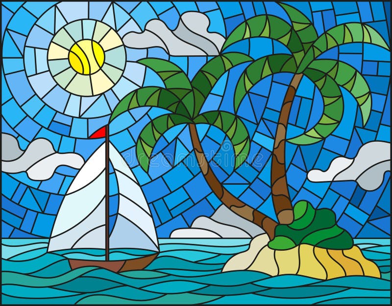 Illustrazione del vetro macchiato con la vista sul mare, isola tropicale con le palme e una barca a vela su un fondo dell'oceano, illustrazione vettoriale Illustrazione del vetro macchiato con la vista sul mare, isola tropicale con le palme e una barca a vela su un fondo dell'oceano, illustrazione vettoriale