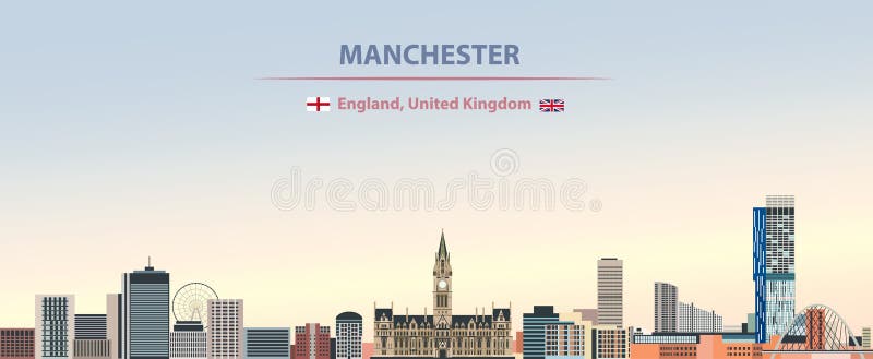 Illustrazione dell'estratto di vettore dell'orizzonte di Manchester City sul bello fondo del cielo di giorno di pendenza variopin illustrazione di stock Illustrazione dell'estratto di vettore dell'orizzonte di Manchester City sul bello fondo del cielo di giorno di pendenza variopin illustrazione di stock