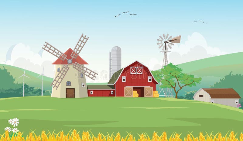 Vector illustration of Mountain countryside with red farm barn. Vector illustration of Mountain countryside with red farm barn