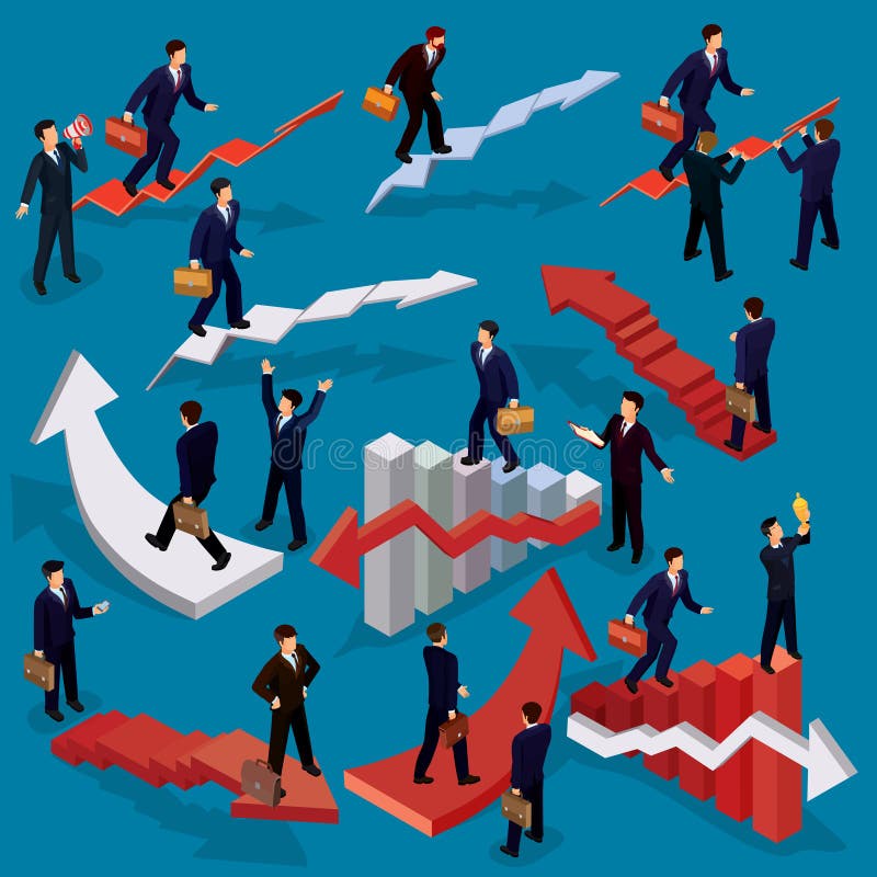 illustration of 3D flat isometric people. Businessman goes up the stairs. Concept of business growth, career ladder, the path to success. illustration of 3D flat isometric people. Businessman goes up the stairs. Concept of business growth, career ladder, the path to success.