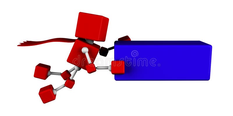 Illustrazione della mosca rossa del cubo del supereroe del carattere 3d che porta un cubo blu illustrazione di stock Illustrazione della mosca rossa del cubo del supereroe del carattere 3d che porta un cubo blu illustrazione di stock
