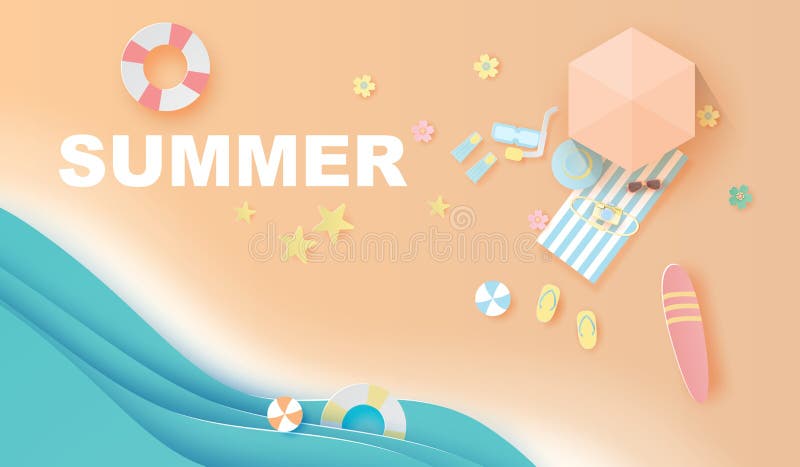 Illustrazione della stagione estiva di carta sulla spiaggia, ora legale di viaggio di vista superiore del mestiere e di arte per royalty illustrazione gratis Illustrazione della stagione estiva di carta sulla spiaggia, ora legale di viaggio di vista superiore del mestiere e di arte per royalty illustrazione gratis
