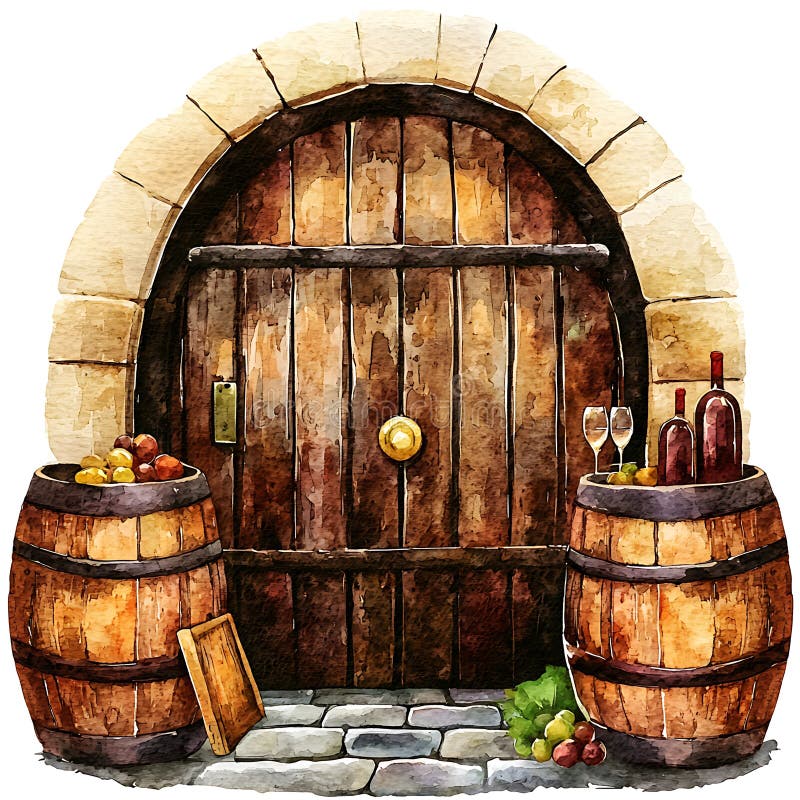 Illustrazione di colore d'acqua di un'entrata di rosticceria con barili di vino e uve illustrazione di stock