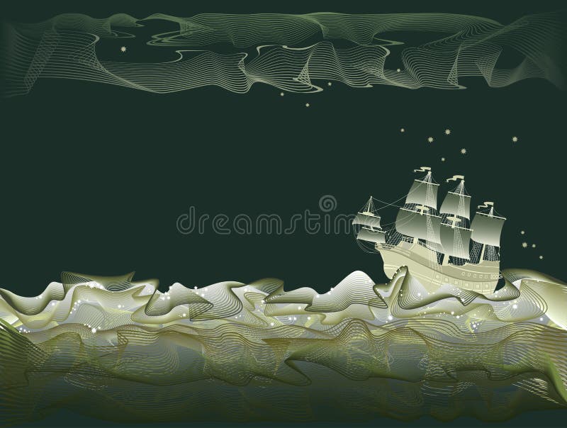 Illustrazione di fantasia della barca a vela antica al viaggio di notte Onde tempestose del mare nella forma di linee astratte ch illustrazione di stock Illustrazione di fantasia della barca a vela antica al viaggio di notte Onde tempestose del mare nella forma di linee astratte ch illustrazione di stock