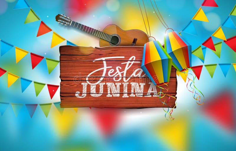 Illustrazione di Festa Junina con la chitarra acustica, le bandiere del partito e la lanterna di carta su fondo blu Tipografia su royalty illustrazione gratis Illustrazione di Festa Junina con la chitarra acustica, le bandiere del partito e la lanterna di carta su fondo blu Tipografia su royalty illustrazione gratis