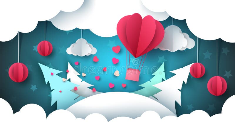 Illustrazione di giorno del biglietto di S. Valentino s Paesaggio di inverno Aerostato, abete, nuvola, stella illustrazione di stock Illustrazione di giorno del biglietto di S. Valentino s Paesaggio di inverno Aerostato, abete, nuvola, stella illustrazione di stock