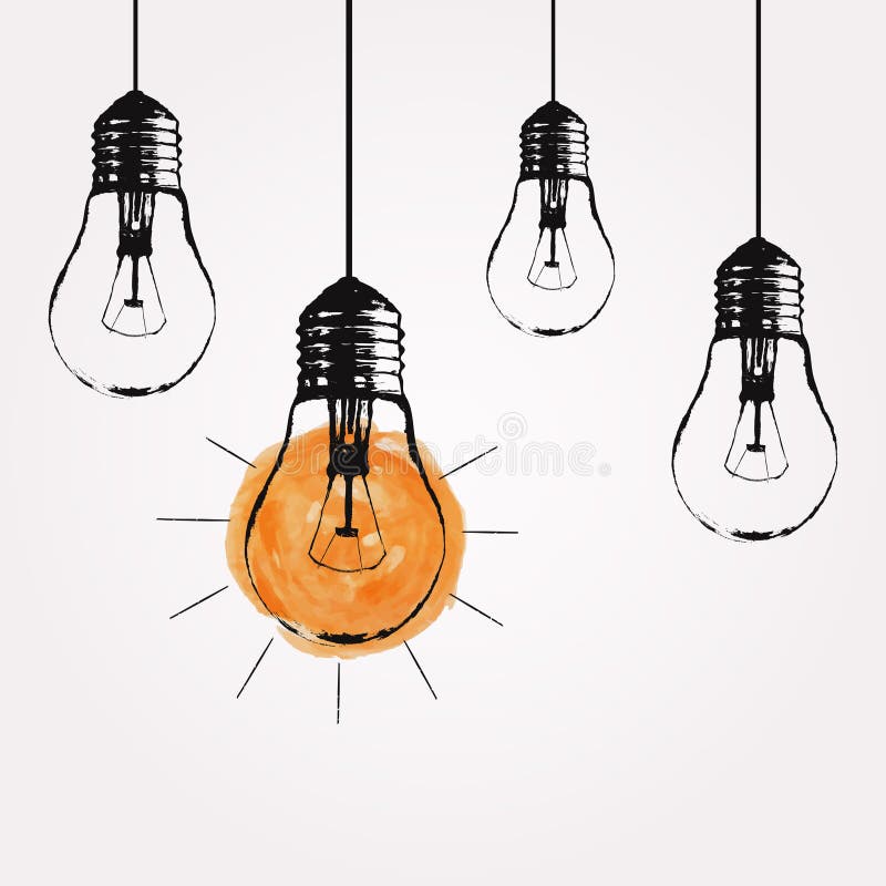 Vector grunge illustration with hanging light bulbs and place for text. Modern hipster sketch style. Unique idea and creative thinking concept. Vector grunge illustration with hanging light bulbs and place for text. Modern hipster sketch style. Unique idea and creative thinking concept.