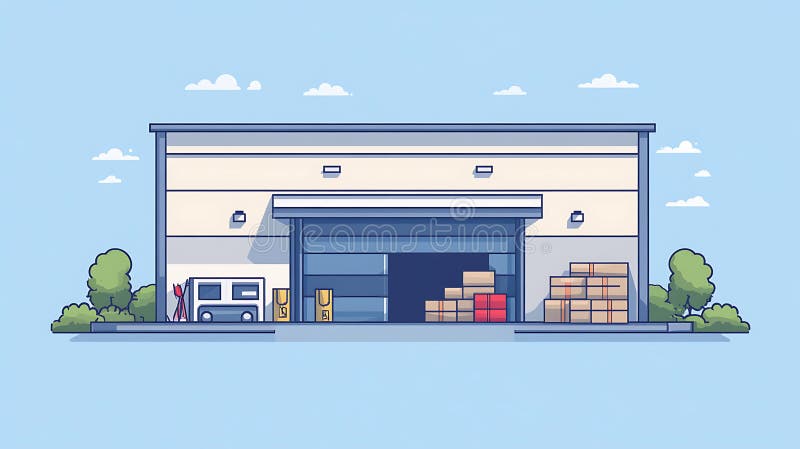 Illustrazione di magazzino con una grande porta di garage aperta e cartone impilato illustrazione vettoriale