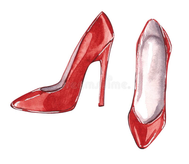 Illustrazione di modo dell'acquerello delle scarpe del partito sui tacchi alti nel colore rosso illustrazione vettoriale