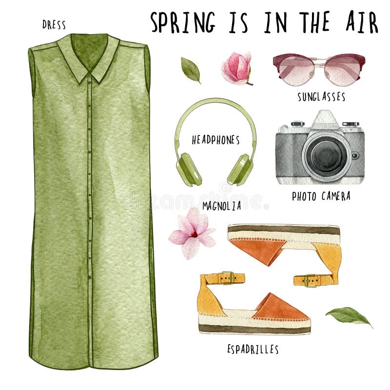 Illustrazione di modo dell'acquerello Insieme dell'attrezzatura e degli accessori d'avanguardia: vestito, cuffie, macchina fotogr royalty illustrazione gratis Illustrazione di modo dell'acquerello Insieme dell'attrezzatura e degli accessori d'avanguardia: vestito, cuffie, macchina fotogr royalty illustrazione gratis