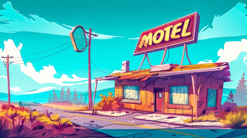 Colorful illustration of a retro motel with a classic sign under a bright sky AI generated. Colorful illustration of a retro motel with a classic sign under a bright sky AI generated