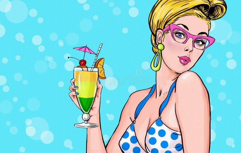 Illustrazione di Pop art della ragazza bionda con il cocktail Ragazza di Pop art Invito del partito Cartolina d'auguri di complea