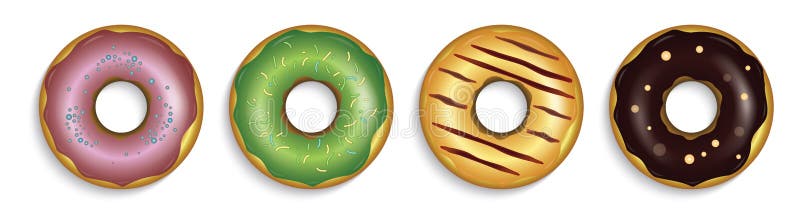 Illustrazione di quattro ciambelle deliziose con diverse guarnizioni, isolate su fondo bianco illustrazione di stock