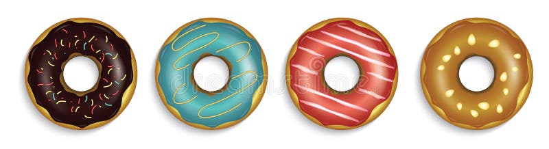 Illustrazione di quattro ciambelle deliziose con diverse guarnizioni, isolate su fondo bianco illustrazione di stock