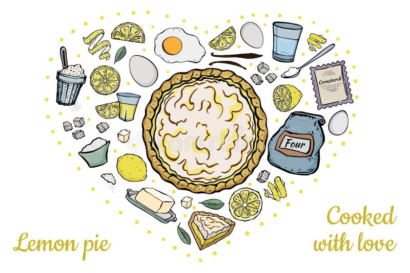 Illustrazione di ricette fresche di torte di limone aperte, ingredienti isolati sul cuore bianco illustrazione di stock