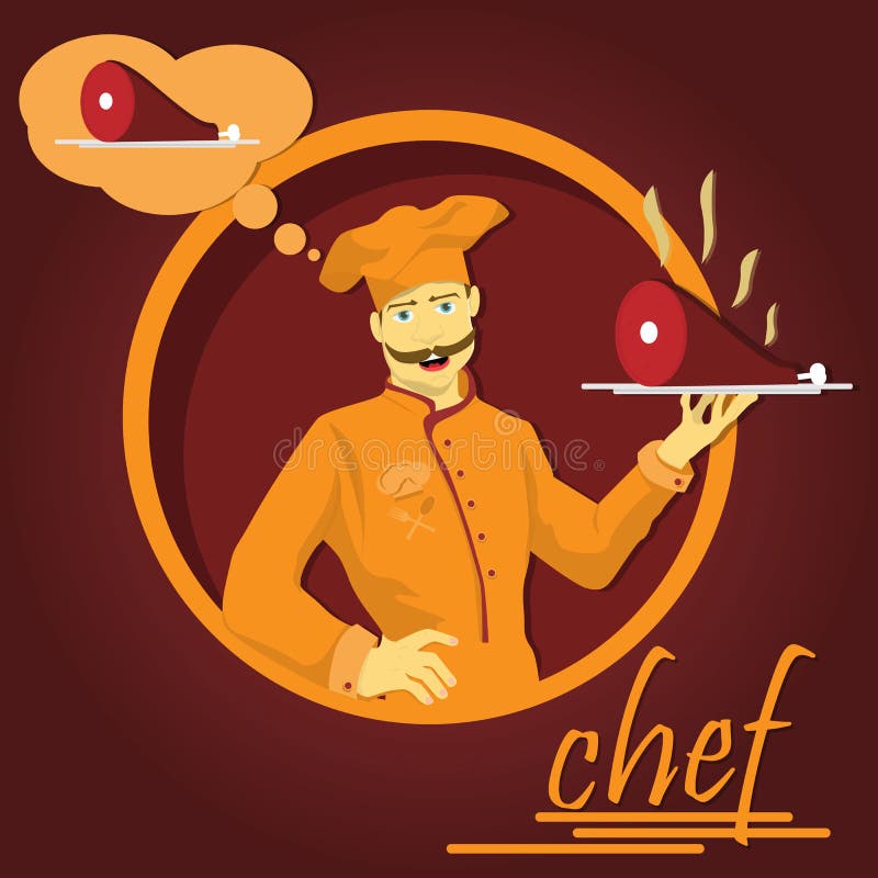 Illustrazione di un cuoco unico che tiene un vassoio di carne arrostita illustrazione di stock Illustrazione di un cuoco unico che tiene un vassoio di carne arrostita illustrazione di stock