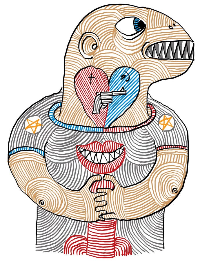 Illustrazione di un disegnato a mano concettuale dell'uomo, di amore, di odio e del sesso illustrazione di stock Illustrazione di un disegnato a mano concettuale dell'uomo, di amore, di odio e del sesso illustrazione di stock