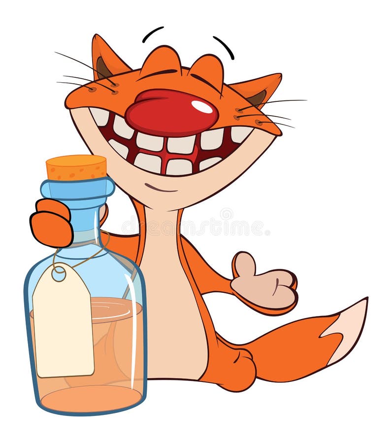 Illustrazione di un gatto con una piccola bottiglia. Gatto rosso allegro con una bottiglia