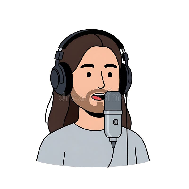 Illustrazione di un uomo con cuffie che parla in microfono in una configurazione di registrazione podcast royalty illustrazione gratis