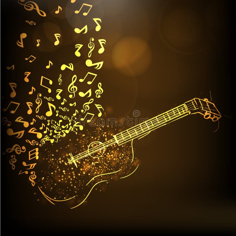 Illustrazione di una chitarra dorata con le note musicali illustrazione di stock Illustrazione di una chitarra dorata con le note musicali illustrazione di stock