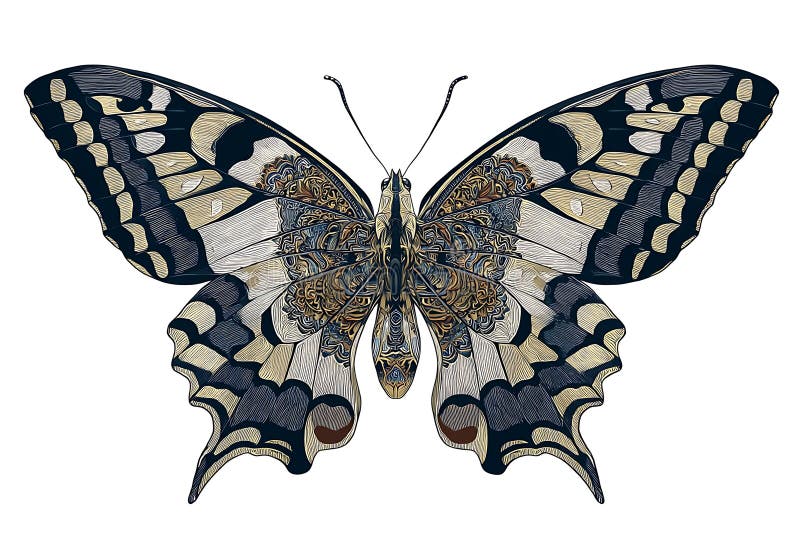 Illustrazione di una farfalla con dettagli intricati e motivi simmetrici. royalty illustrazione gratis