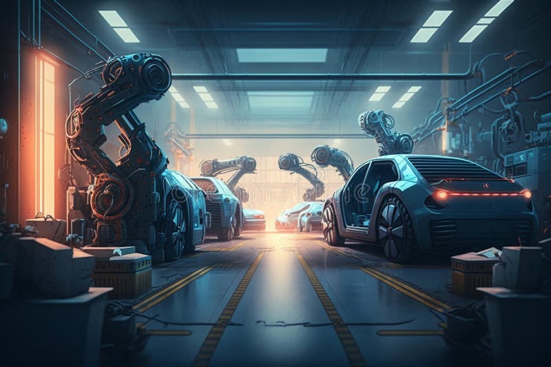 Illustrazione di una linea di produzione futuristica in fabbrica con robot automatizzati che assemblano auto elettriche generative royalty illustrazione gratis