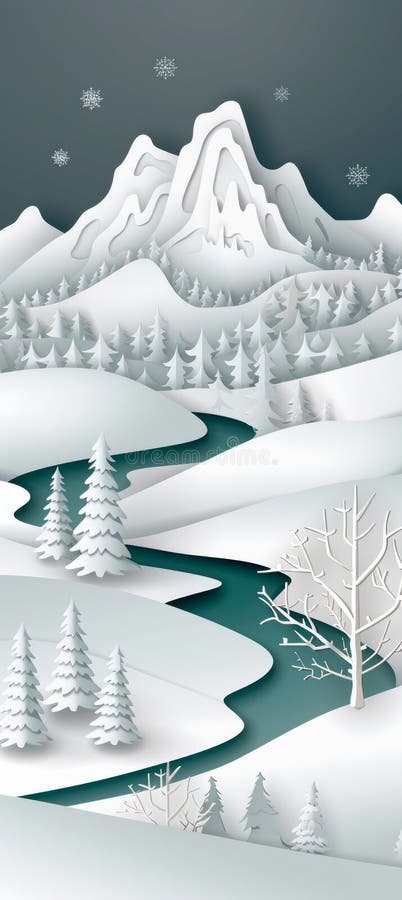 Illustrazione di una scena invernale nevicata con montagne coperte da neve a fiume e una foresta di fotografia stock libera da diritti