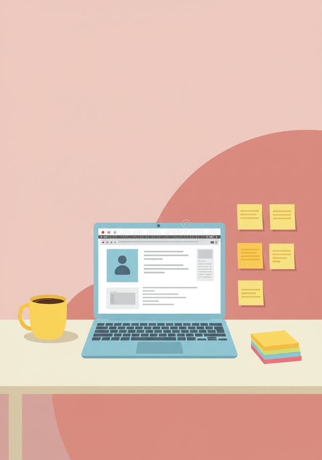 Illustrazione di uno spazio di lavoro minimalista con un laptop su una scrivania che visualizza un profilo illustrazione di stock