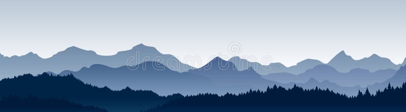 Illustrazione di vettore di bella vista panoramica Montagne in nebbia con la foresta, fondo della montagna di mattina, paesaggio