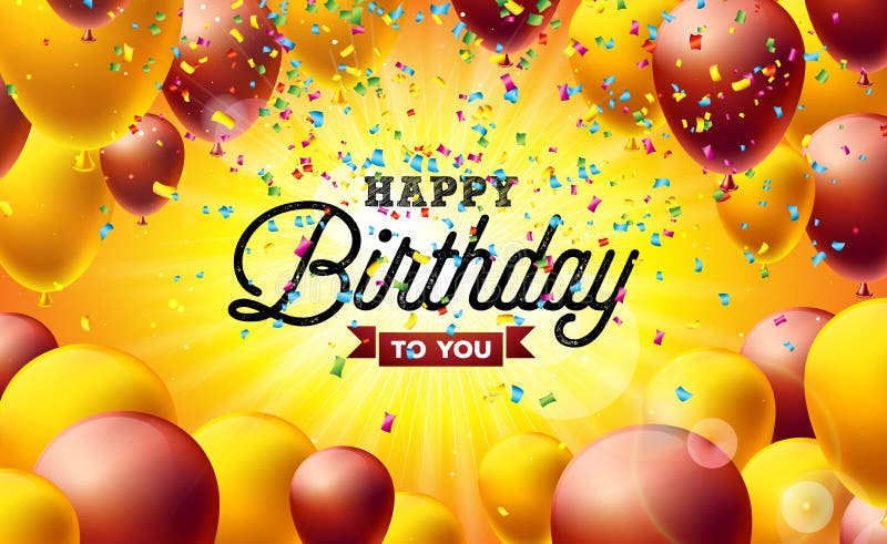 Illustrazione di vettore di buon compleanno con i palloni, la tipografia ed i coriandoli di caduta variopinti su fondo giallo Pro royalty illustrazione gratis
